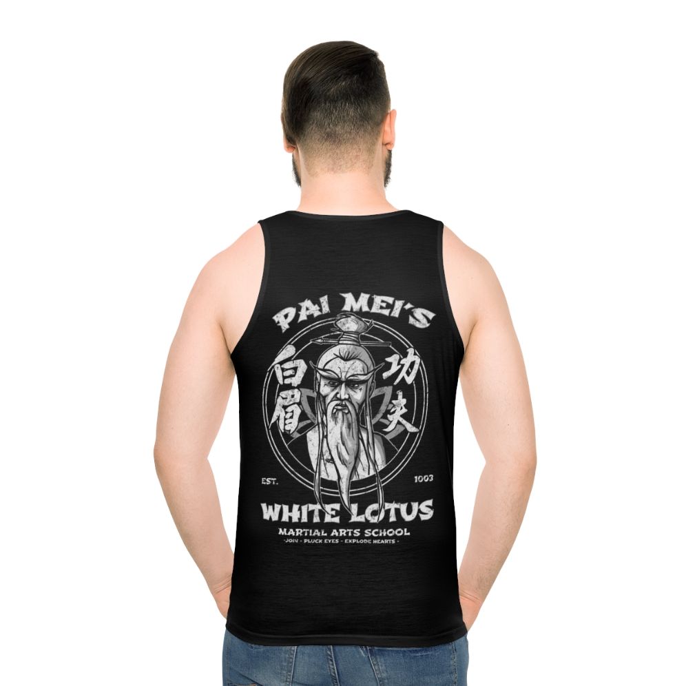 White Lotus Unisex Tank Top with Martial Arts Design - men back