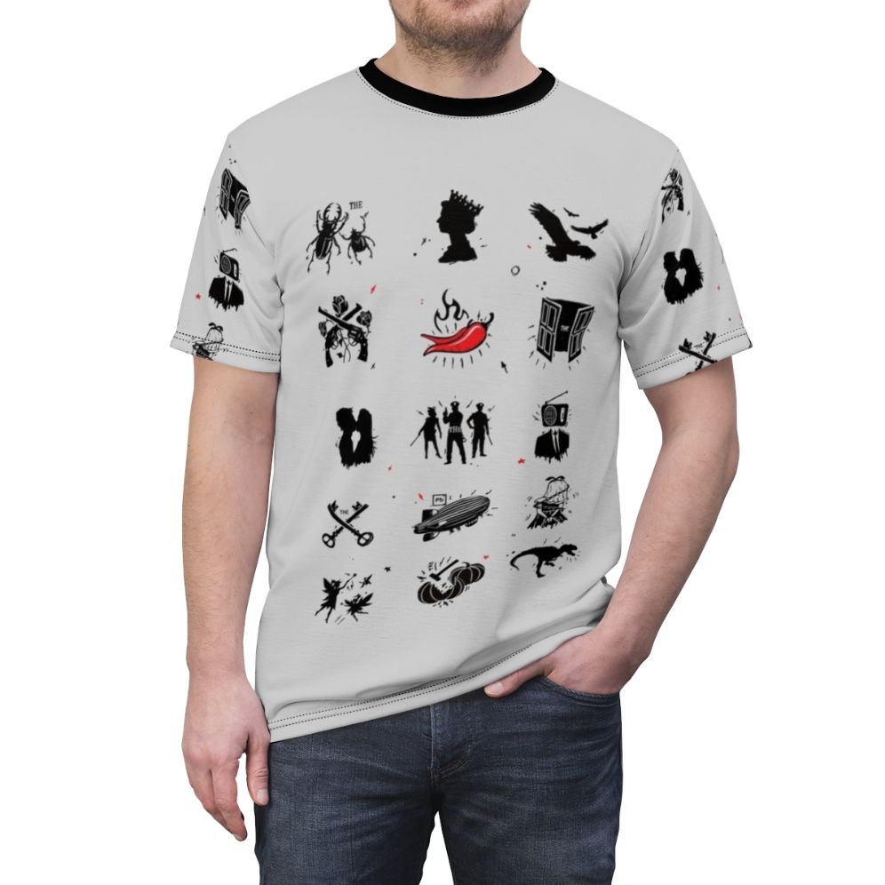 Retro rock bands music t-shirt featuring a collage of iconic band logos and album covers - men front