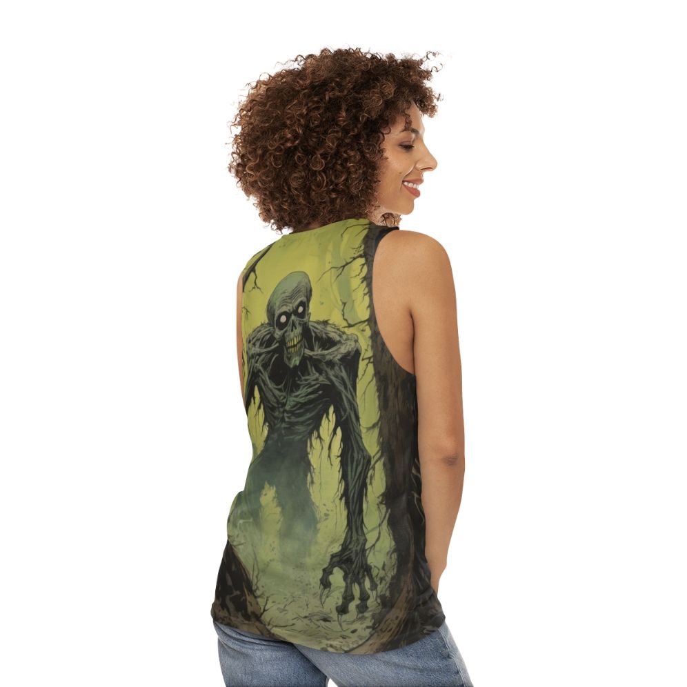 Zombie Stalker Unisex Tank Top with Haunting Illustration - women back