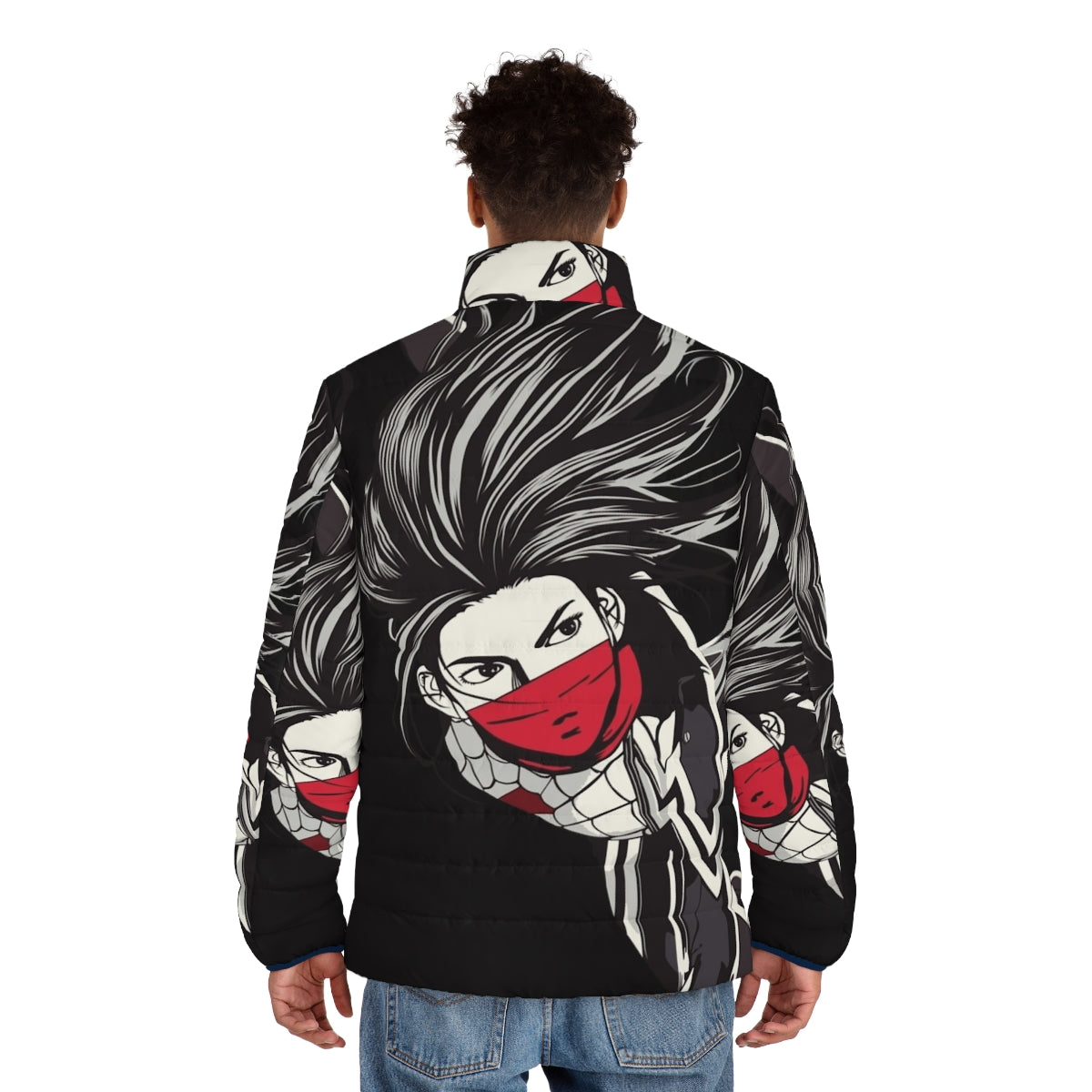 Cindy Moon inspired puffer jacket with spider-verse and superhero graphics - men back