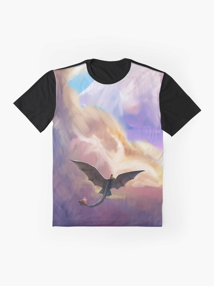 Graphic t-shirt design featuring Toothless, the Night Fury dragon from the "How to Train Your Dragon" movie. - Flat lay