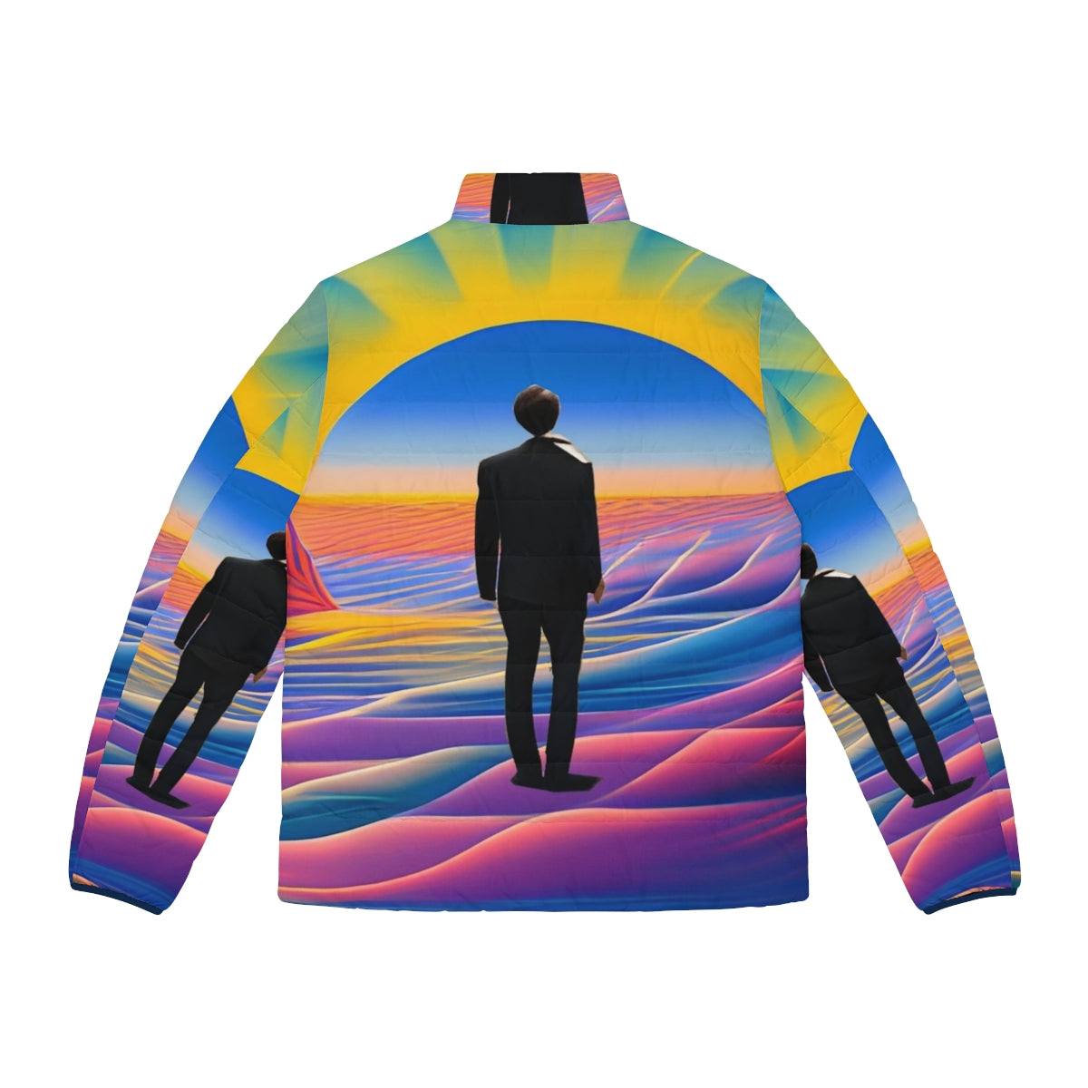 A colorful, abstract puffer jacket with a desert sunrise-inspired design. - Back