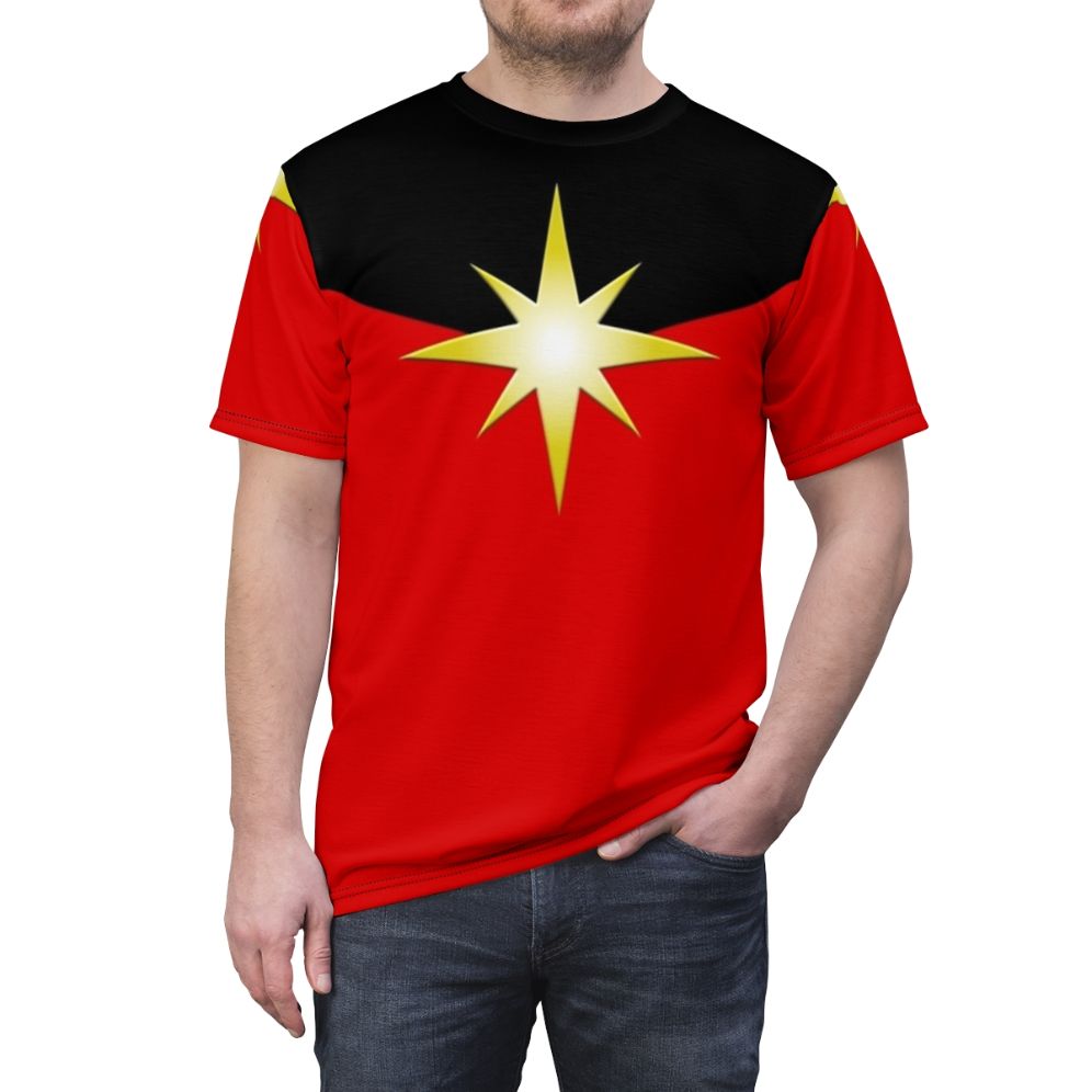 A t-shirt featuring a striking cosmic star design in golden and metallic tones, with sci-fi and superhero inspired elements. - men front