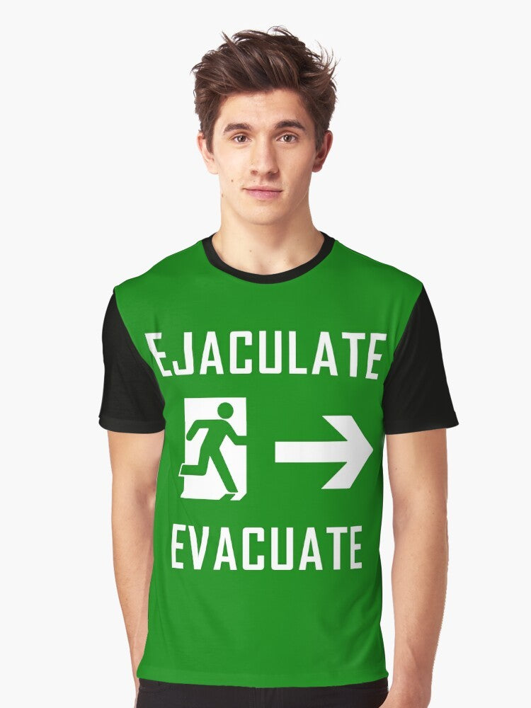 Funny "Ejaculate and Evacuate" graphic design on a green t-shirt - Men