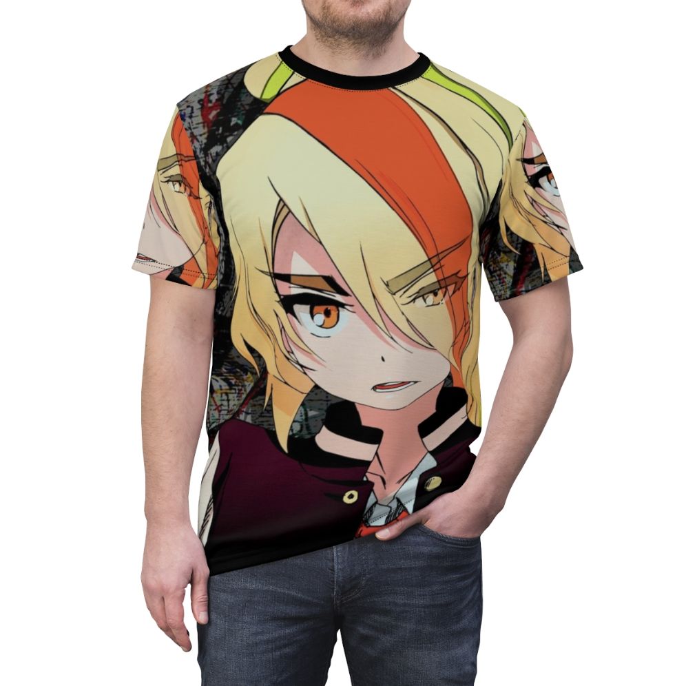 Stylized graffiti art t-shirt featuring the character Nikaidou Saki from the anime series Zombieland Saga - men front