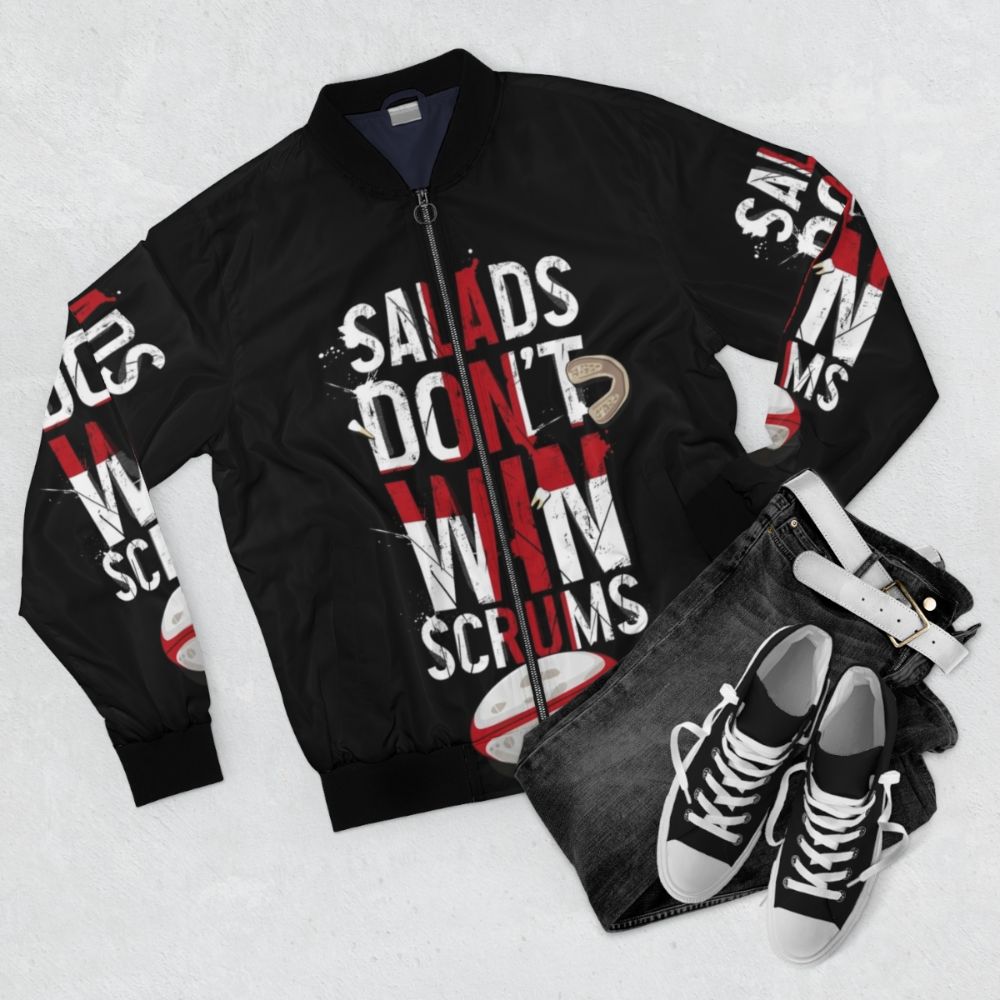 Patriotic England rugby bomber jacket with distressed vintage design and "Salads Don't Win Scrums" graphic - Flat lay