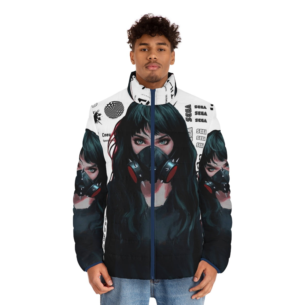 Cyberpunk gamer girl wearing a puffer jacket with futuristic and vaporwave design patterns - men front