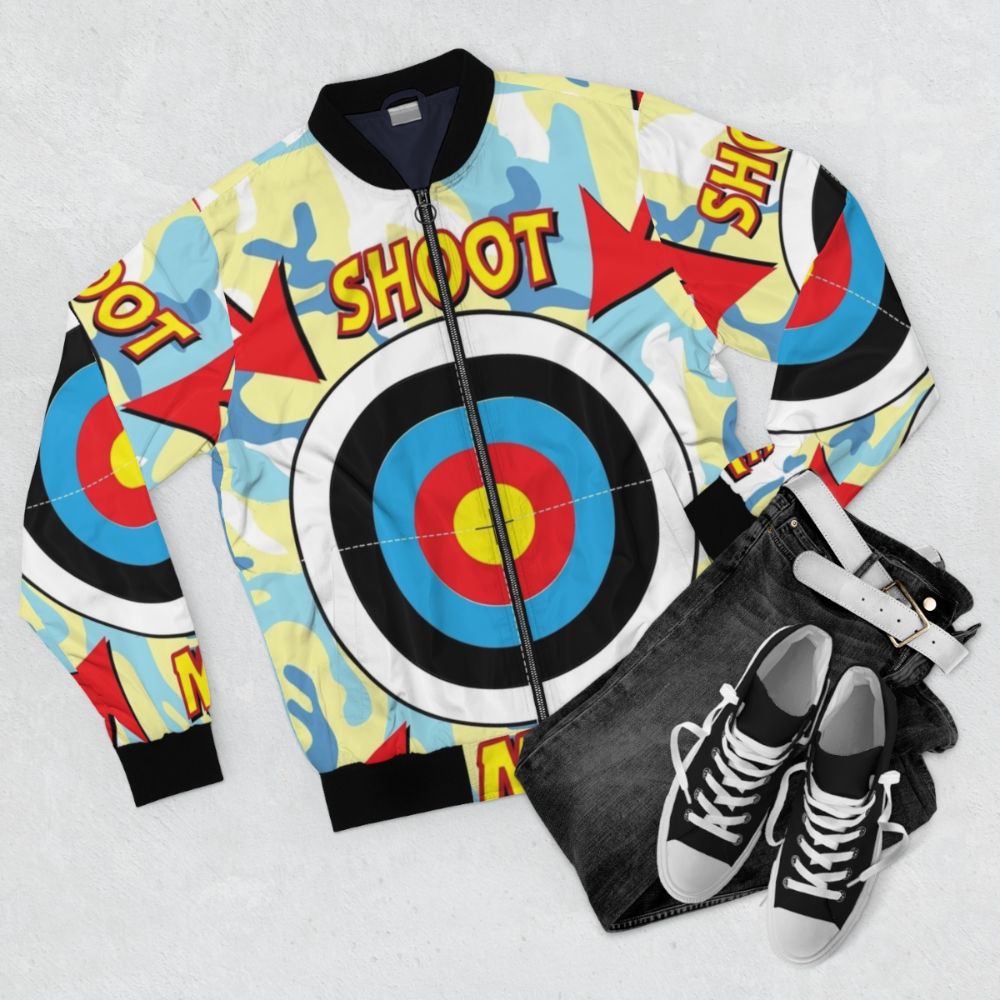 Paintball stag and hen party bomber jacket with bullseye target design - Flat lay