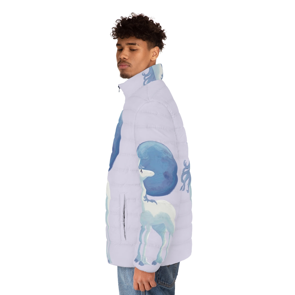 The Last Unicorn Puffer Jacket with a mythical creature design - men side left