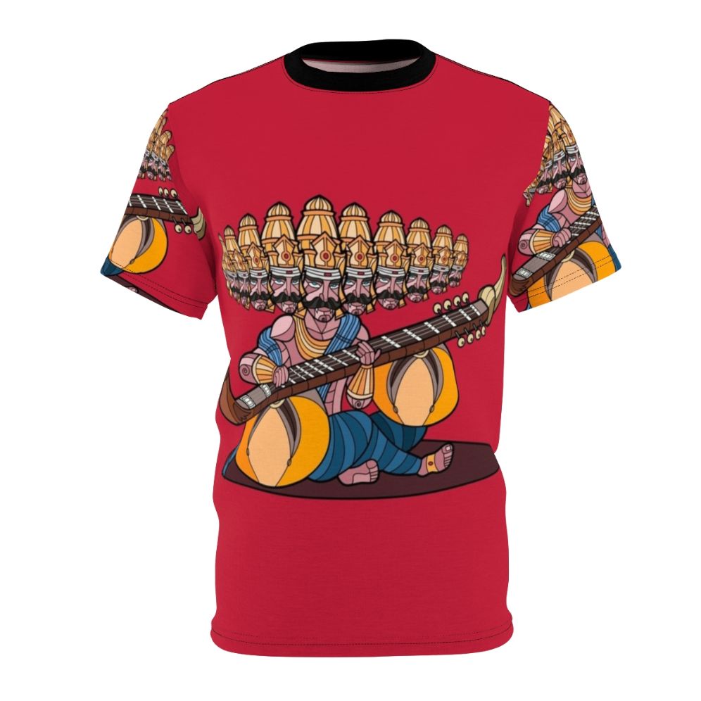 Ravana, the legendary demon king from Hindu mythology, depicted playing the veena, a traditional Indian musical instrument, on an all-over-print t-shirt.