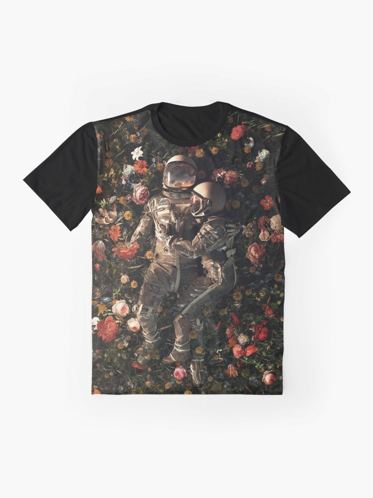 Surreal space-themed graphic t-shirt with floral and cosmic design elements - Flat lay