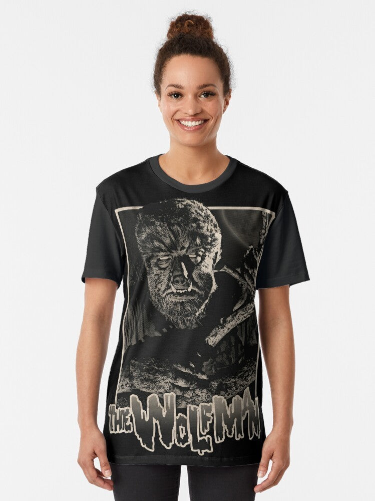 Vintage-style graphic t-shirt featuring the iconic Wolfman character, a classic monster from horror movies. - Women