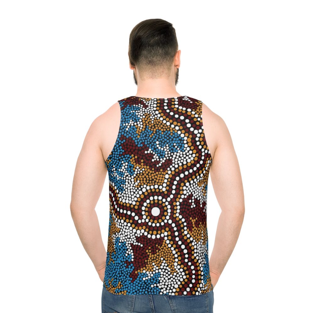 Unisex Tank Top with Aboriginal Art Depicting Wetland Dreaming - men back