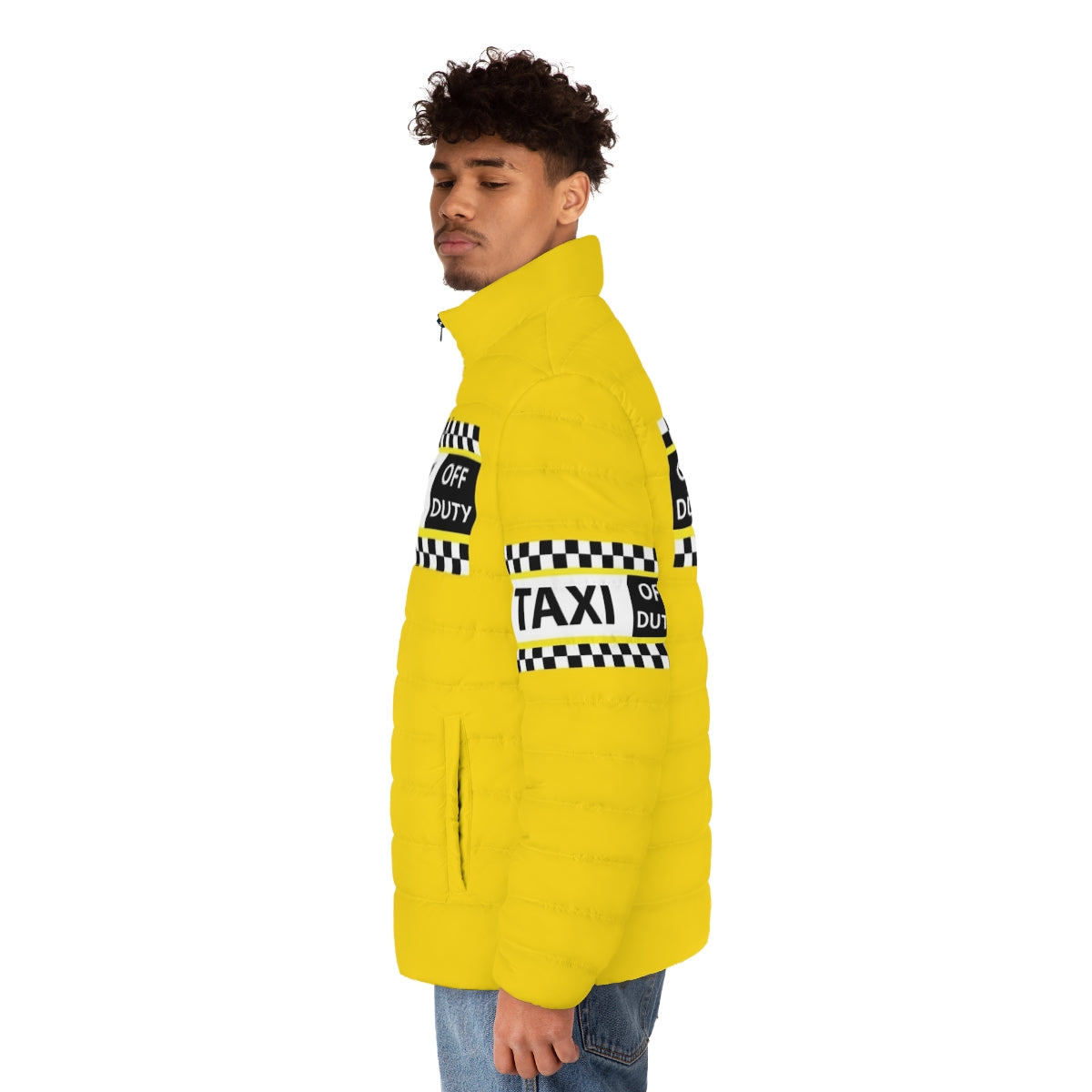 New York yellow taxi cab puffer jacket with checkered pattern - men side left