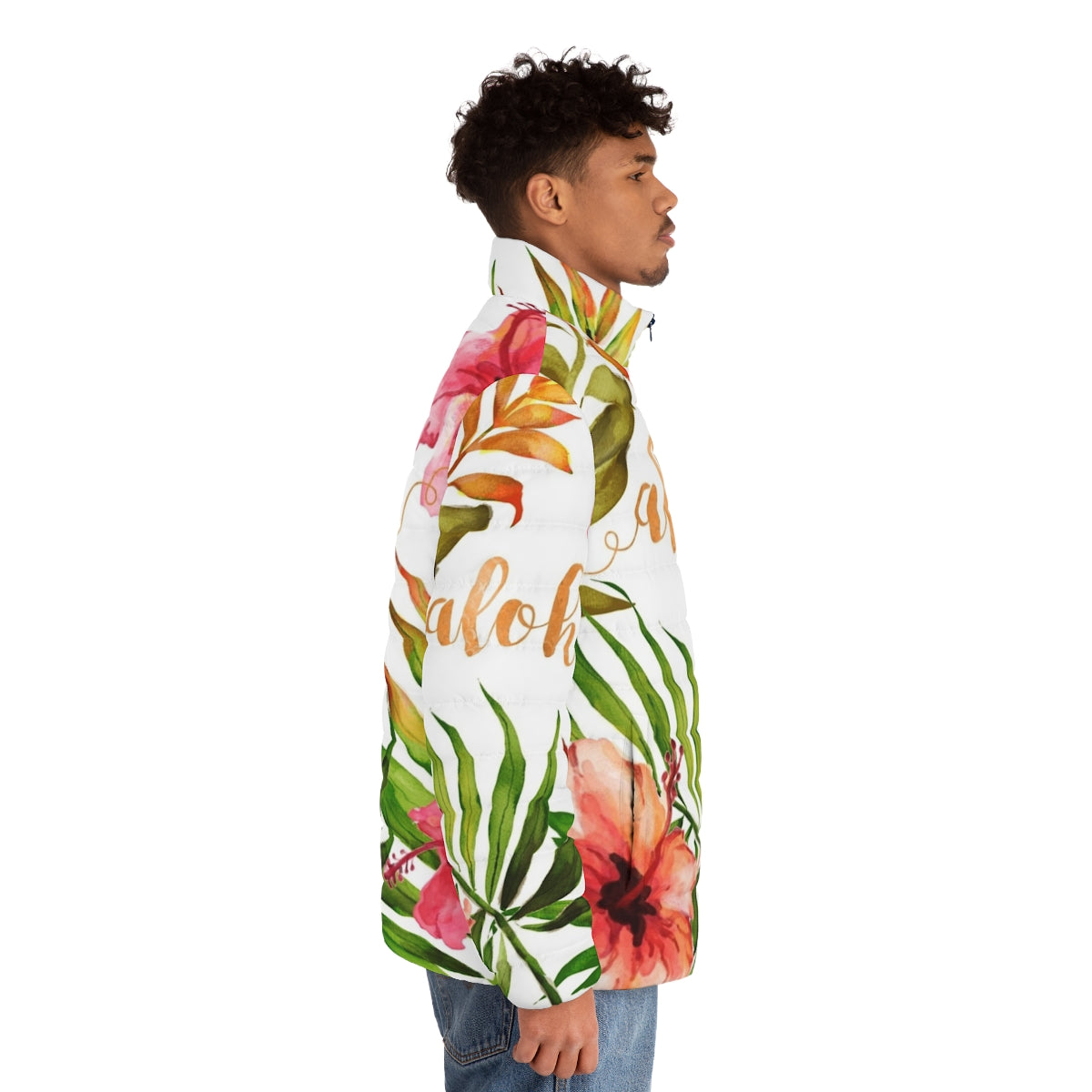 Tropical watercolor floral patterned puffer jacket - men side right