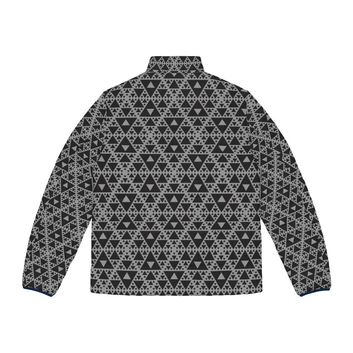 A dark puffer jacket featuring a repeating triangular mocap pattern inspired by Sierpinski's triangle - Back