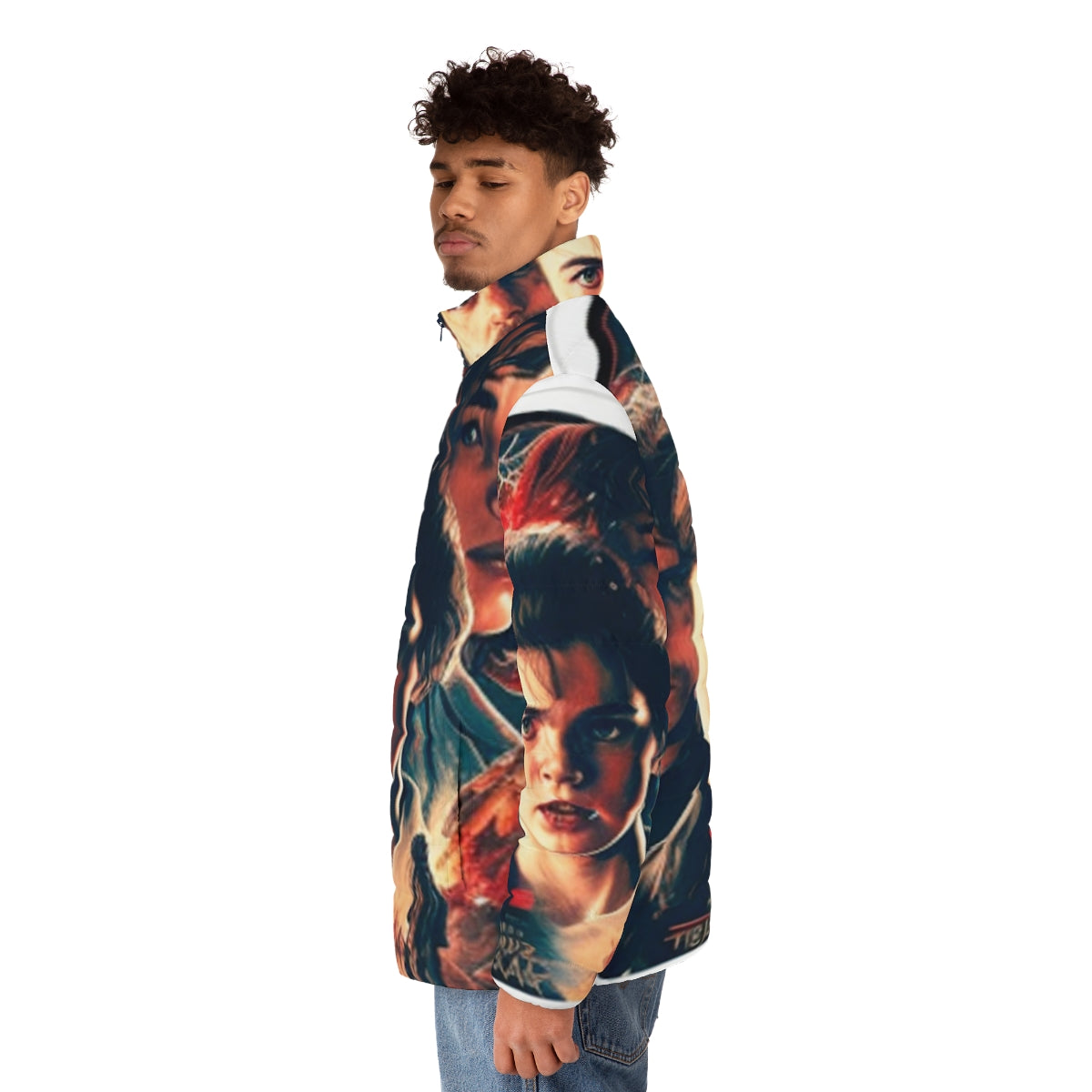 Stranger Things inspired retro puffer jacket with 80s sci-fi design - men side left