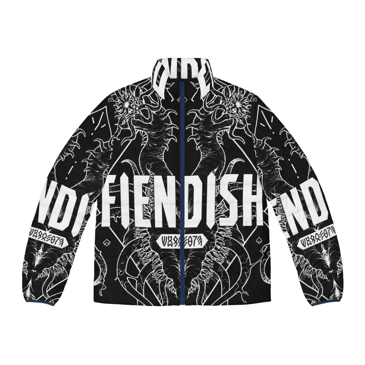 Fiendish Urgastij White Puffer Jacket featuring horror-inspired monster and geometric designs