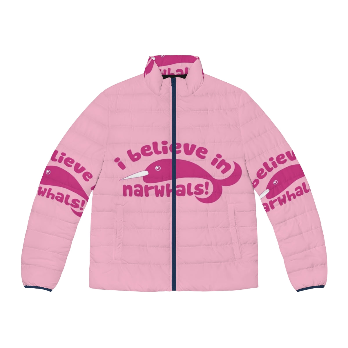 Narwhal puffer jacket with 'I Believe in Narwhals' text