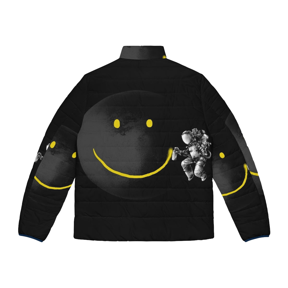 Puffer jacket with a surreal, abstract smiling face design against a cosmic, space-inspired background - Back