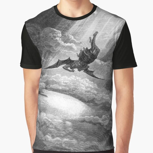 Gustave Dore's depiction of the fall of Satan, the morning star, from heaven in a black and white wood engraving style graphic t-shirt.