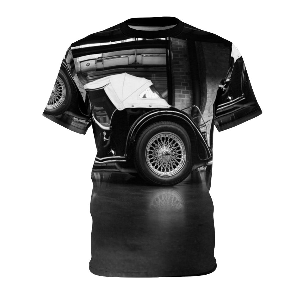 Charcoal drawing of a classic 1966 Morgan Plus 8 sports car on a retro t-shirt