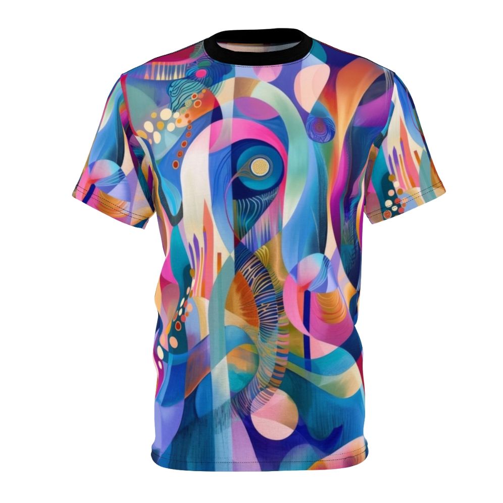 Vibrant abstract geometric design t-shirt with bold, colourful patterns inspired by modern art