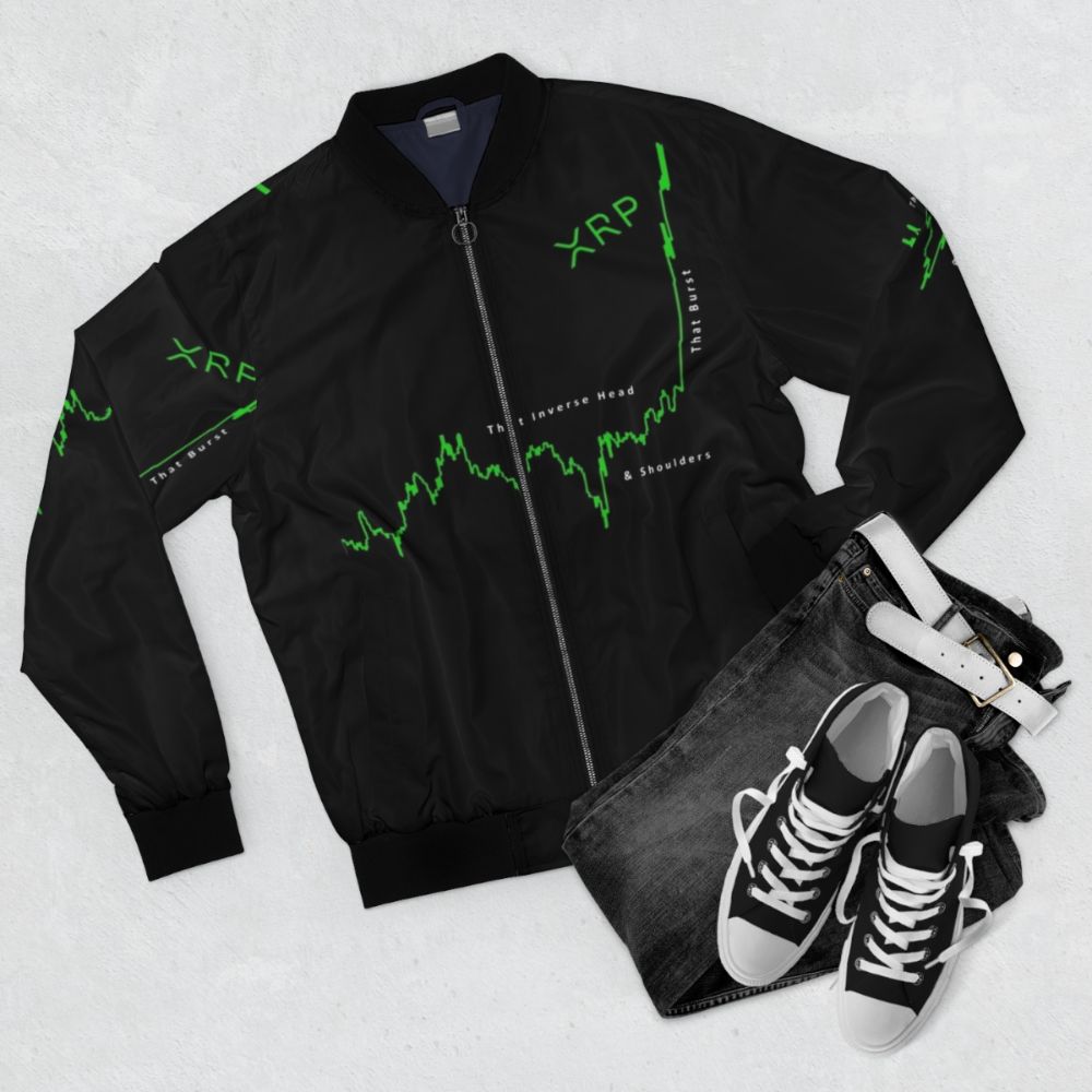 XRP cryptocurrency-themed bomber jacket with a head and shoulders pattern - Flat lay