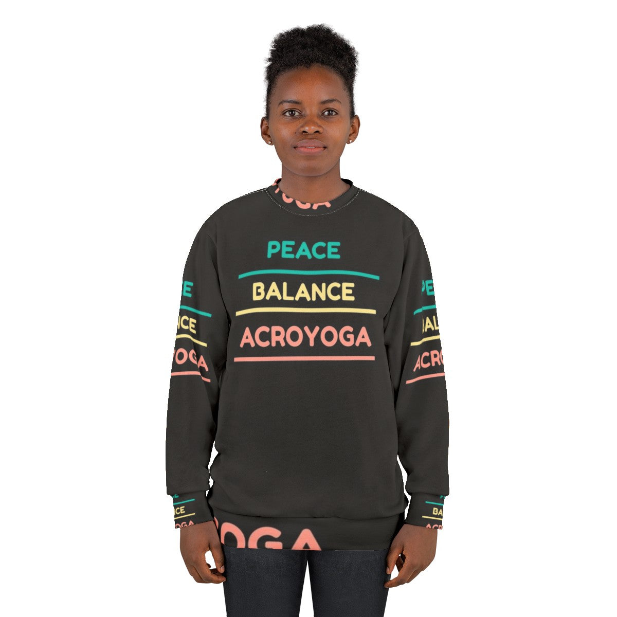 Acro yoga sweatshirt with peace, balance, and trust graphics - women