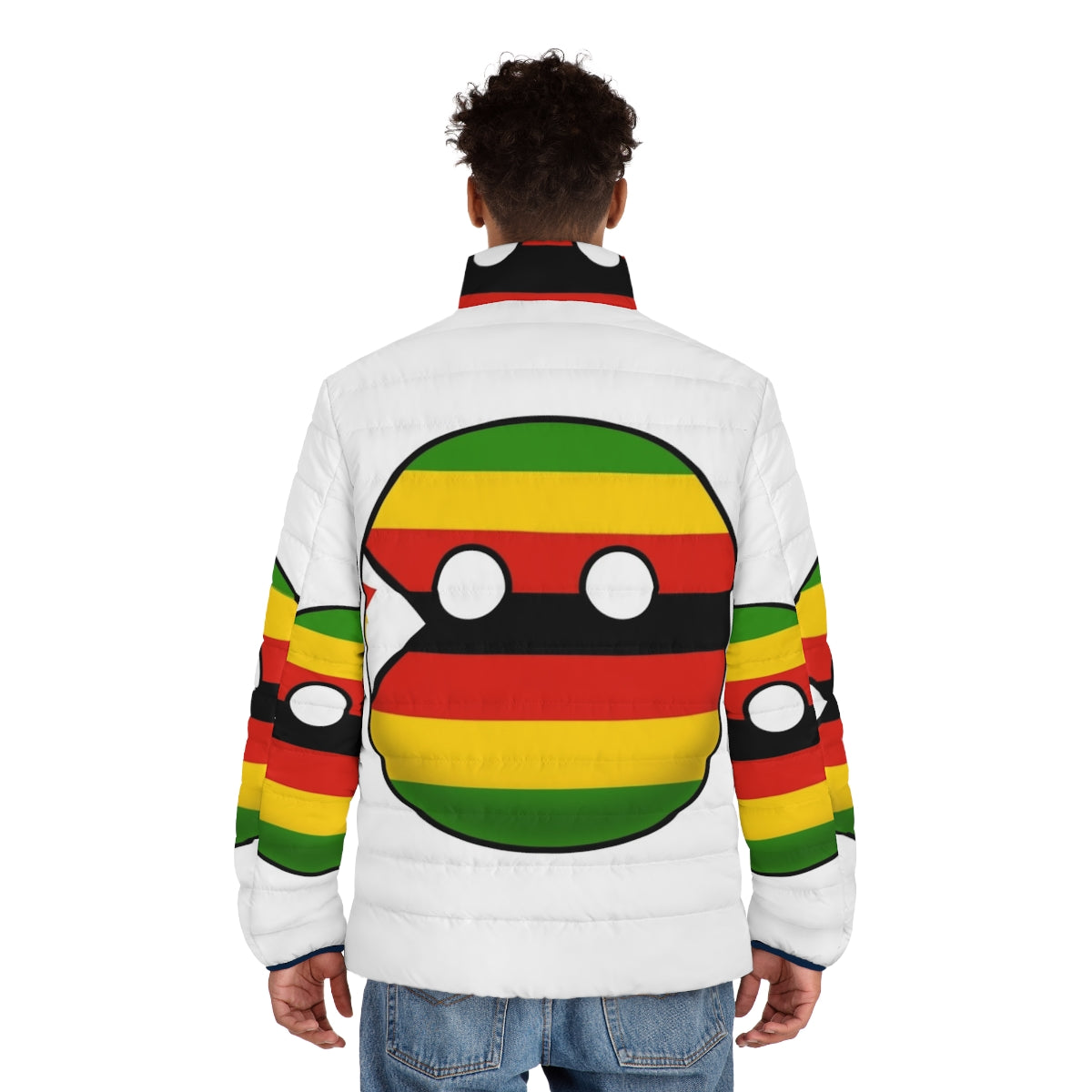 Zimbabwe Countryball Puffer Jacket featuring the national flag and cultural elements - men back