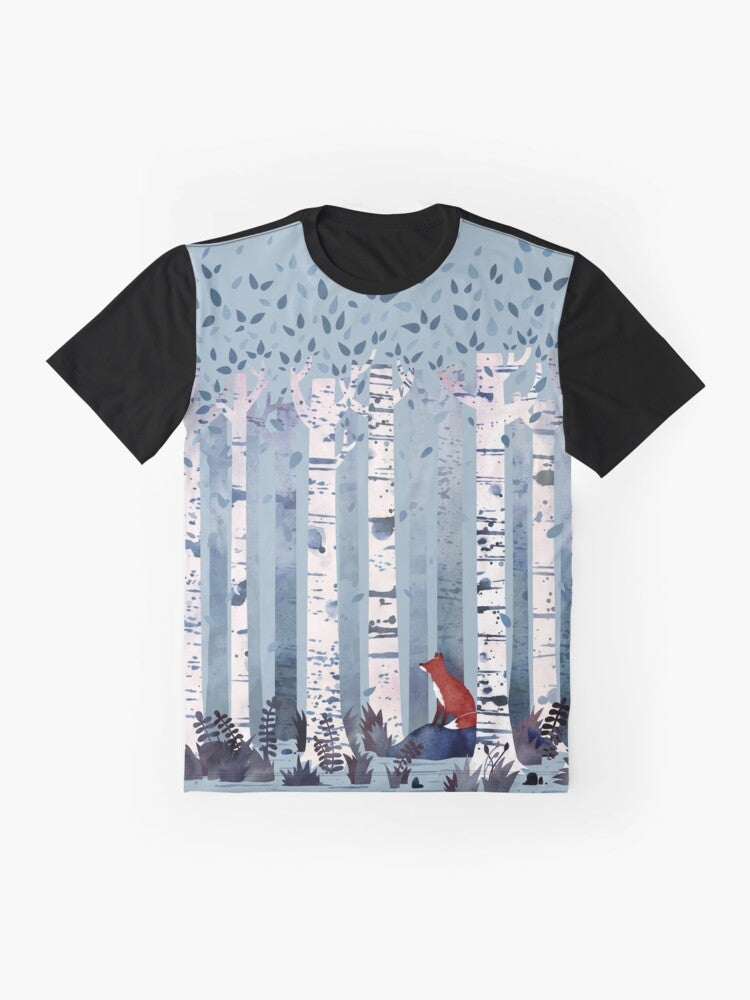 Watercolor illustration of birch trees in a serene forest on a blue t-shirt - Flat lay