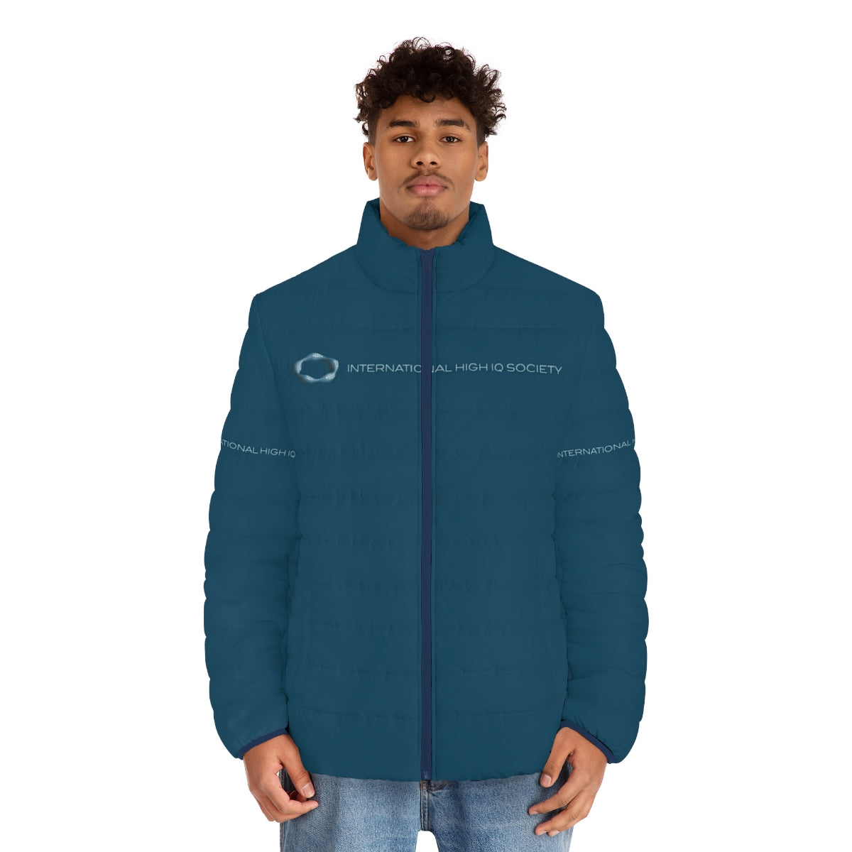 Blue puffer jacket with High IQ Society logo for gifted and intelligent individuals - men front