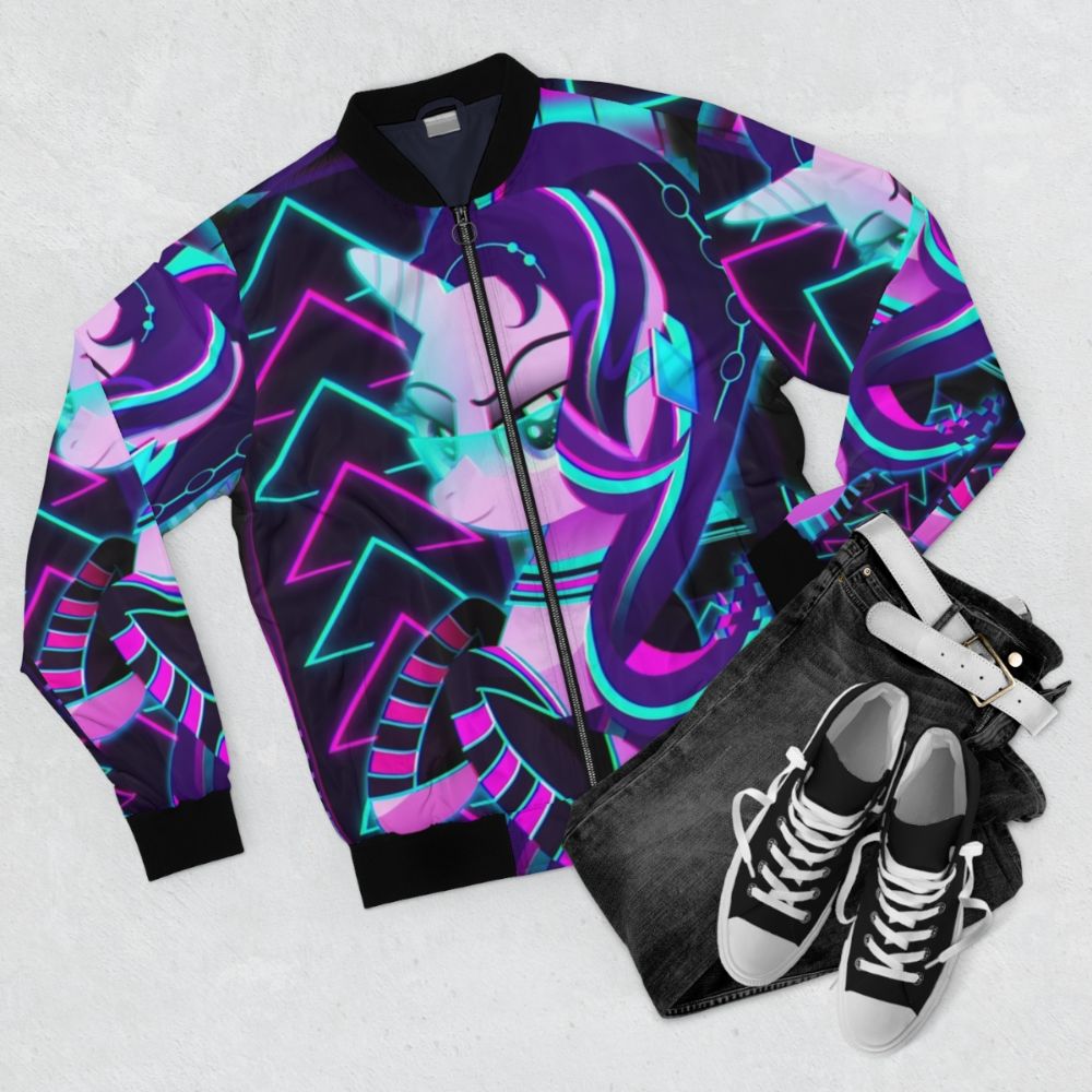 Synthwave bomber jacket featuring Starlight Glimmer from My Little Pony: Friendship is Magic - Flat lay