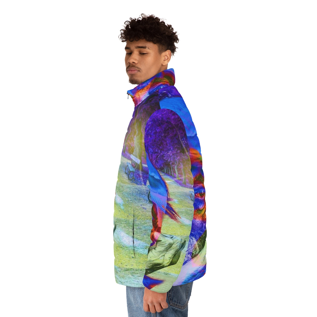 Homelessness puffer jacket with colorful and abstract patterns - men side left