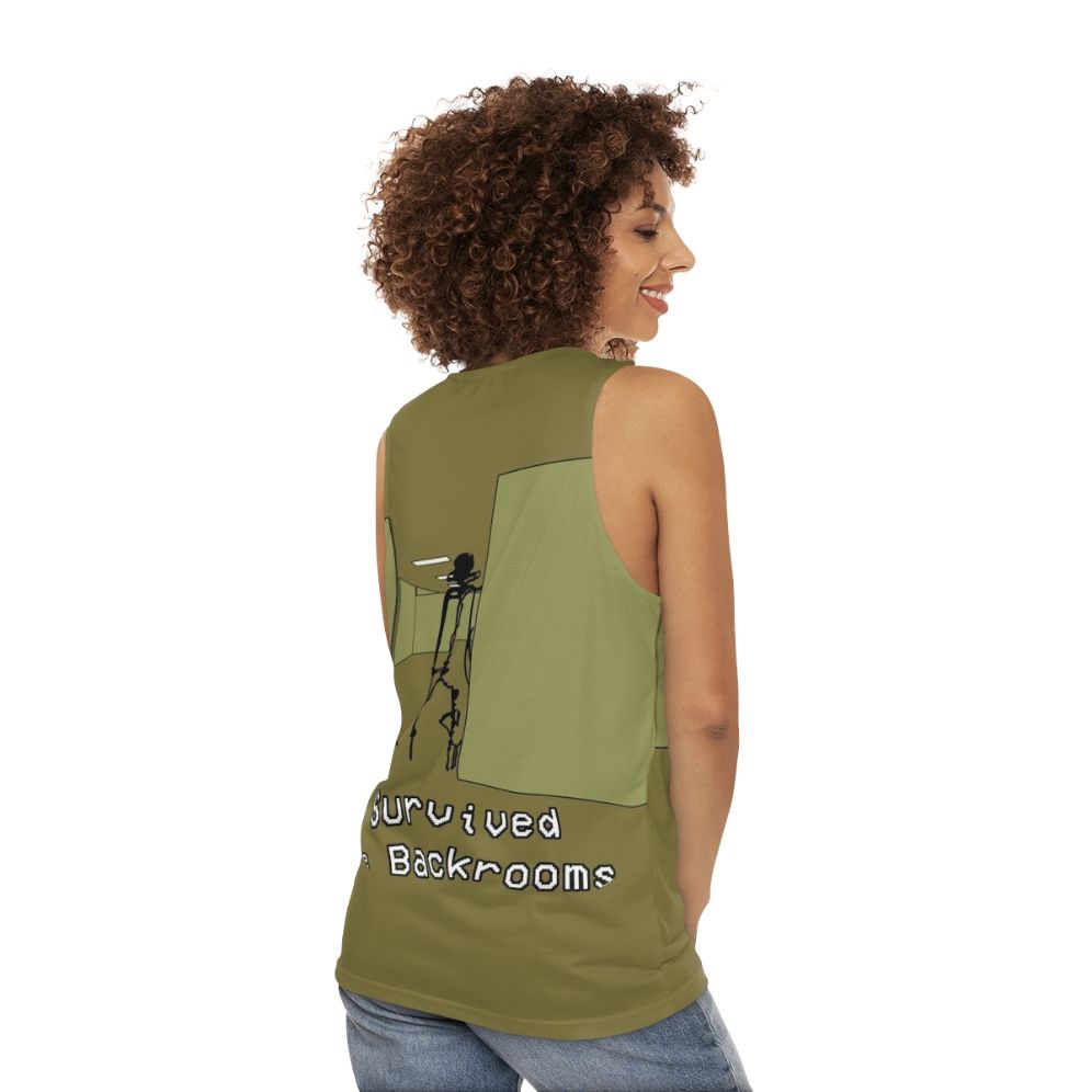 Backrooms inspired unisex tank top featuring creepy liminal space horror design - women back