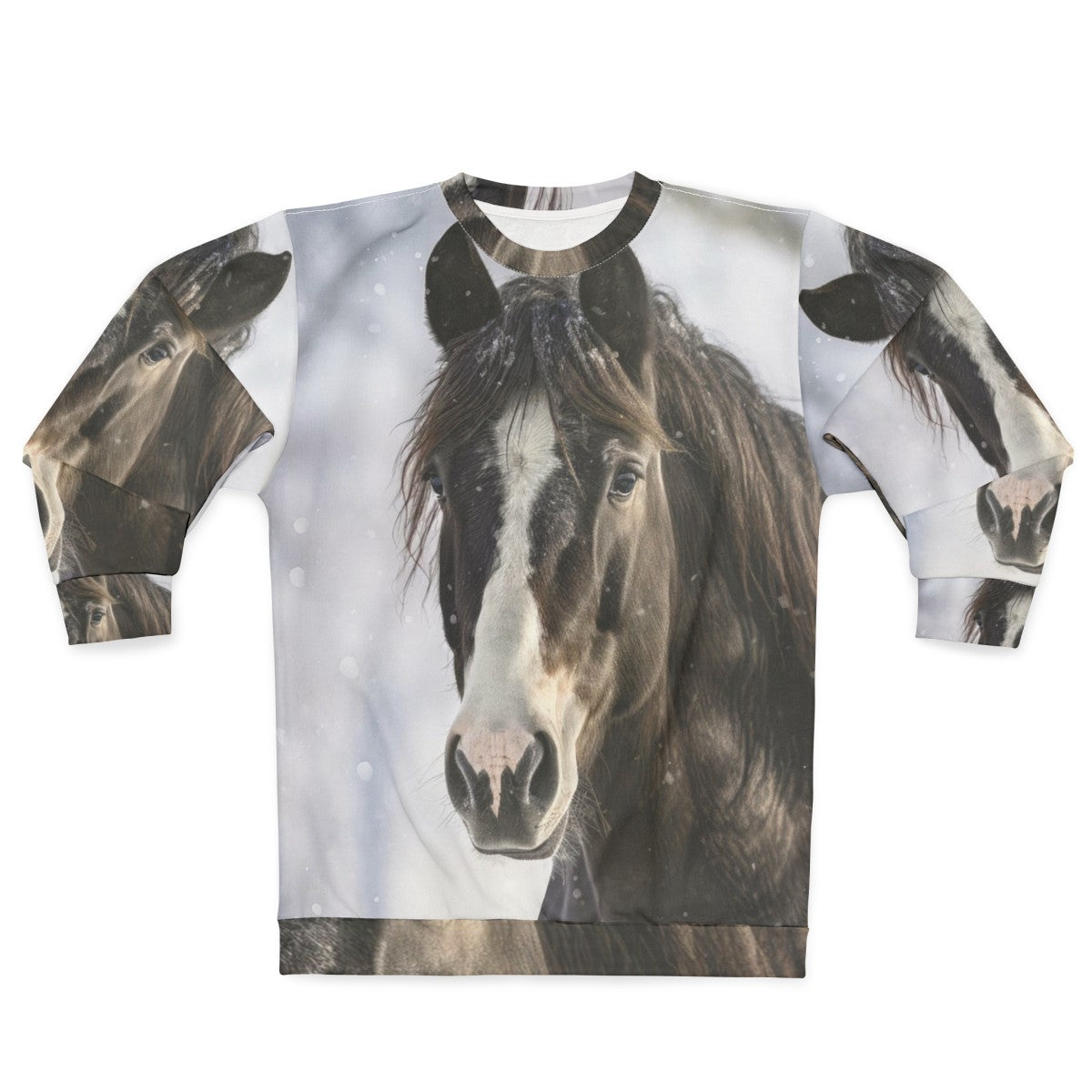 Black horse silhouette in winter scene on sweatshirt