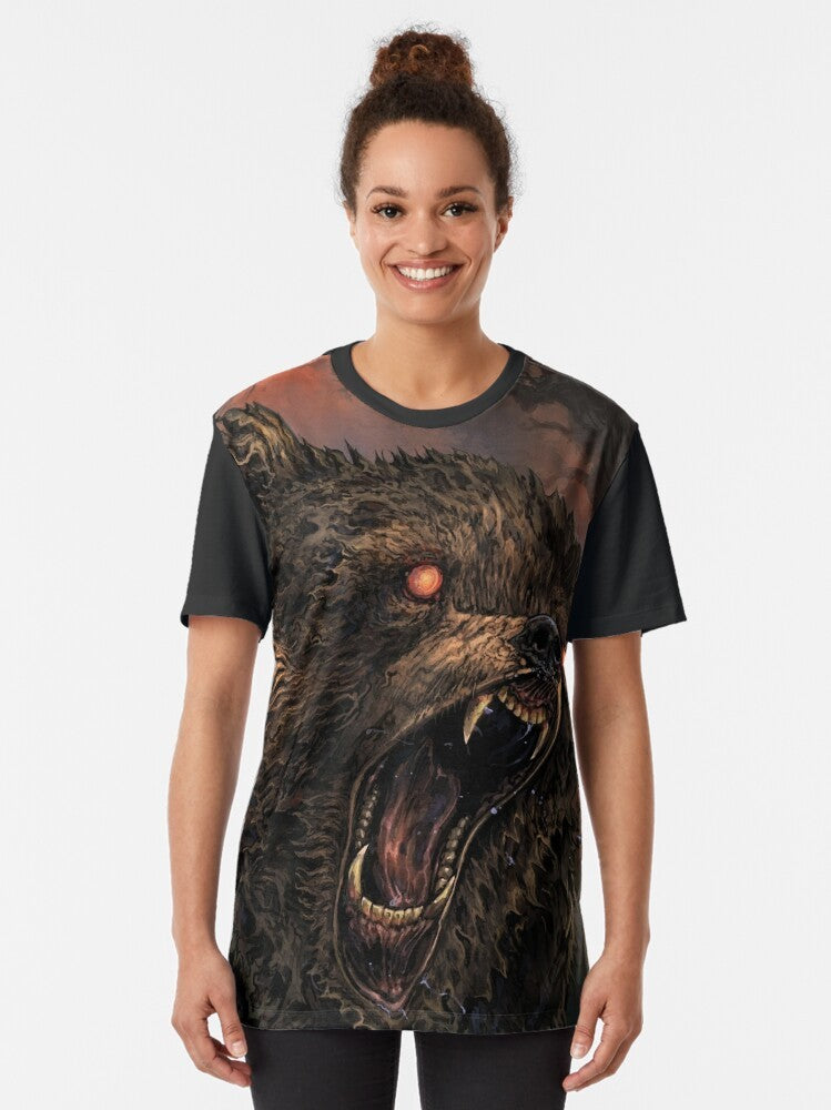 Grizzly Inscryption Graphic T-Shirt featuring a detailed fantasy art illustration of a grizzly bear creature from the game Inscryption. - Women