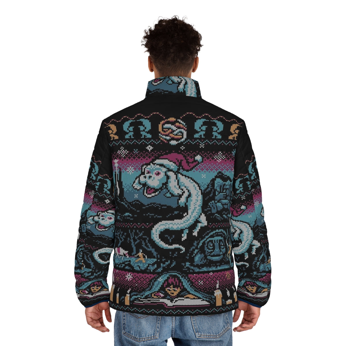 Neverending Story-inspired Falcor puffer jacket featuring a whimsical holiday design - men back