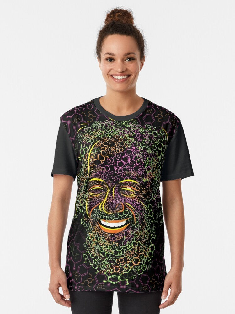 Alexander Shulgin psychedelic portrait graphic t-shirt featuring MDMA and 2C-B molecules - Women