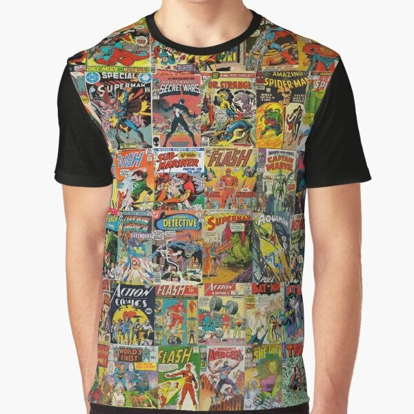 Vintage comic book pattern graphic t-shirt with superheroes and colorful design