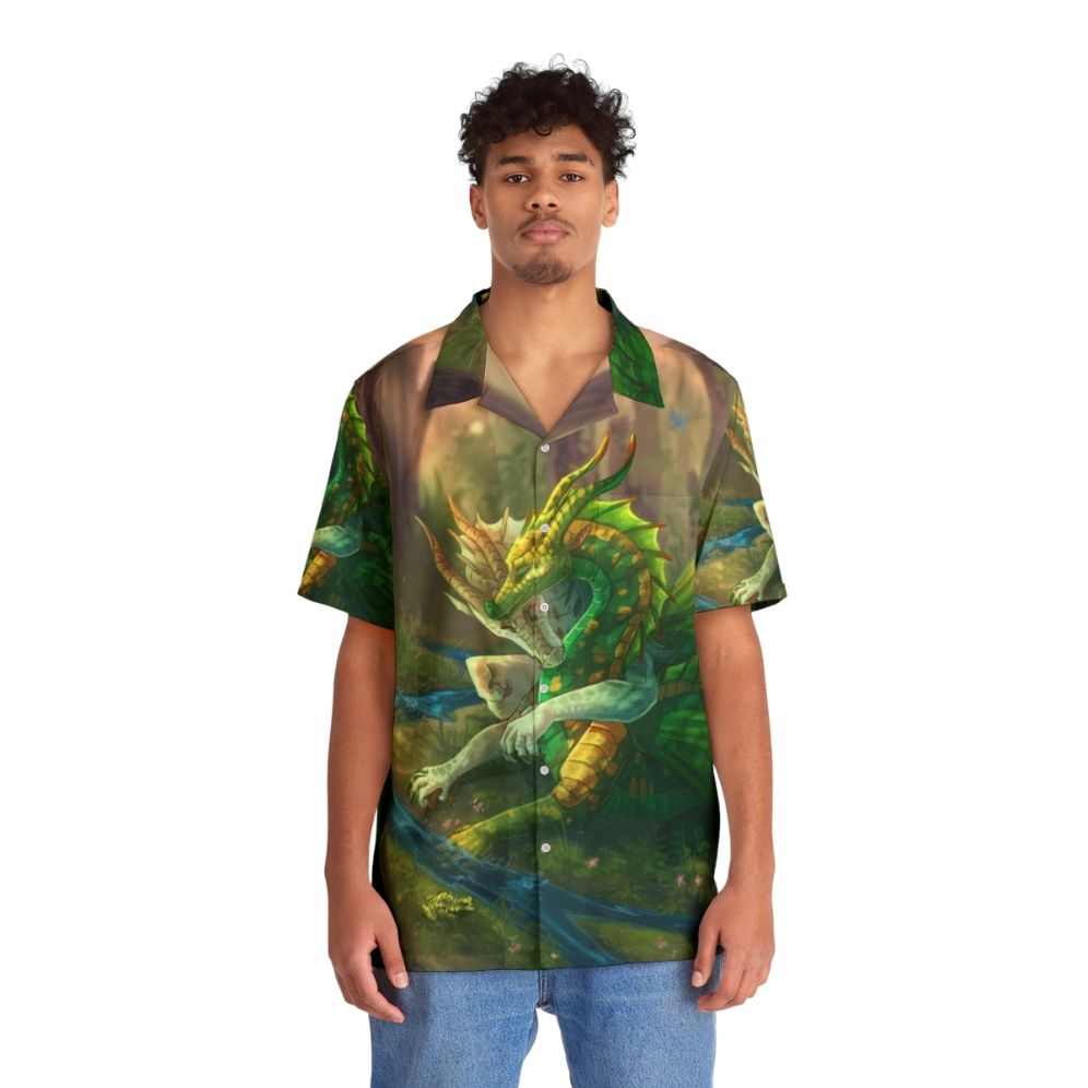 Sundew and Willow 'Wings of Fire' Hawaiian Shirt with Floral and Dragon Motif - People Front