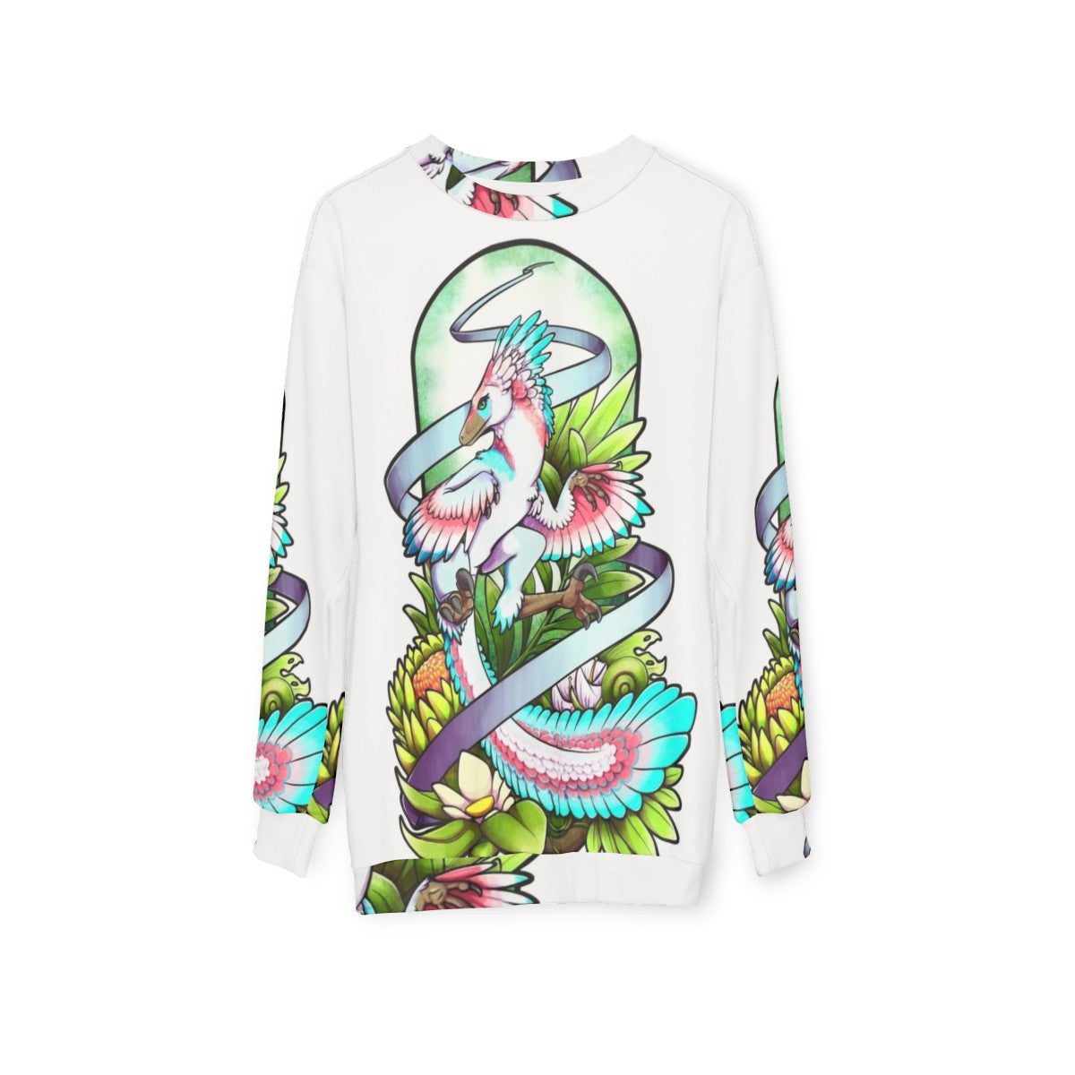 Sylveraptor dinosaur raptor sweatshirt with nature inspired design - hanging