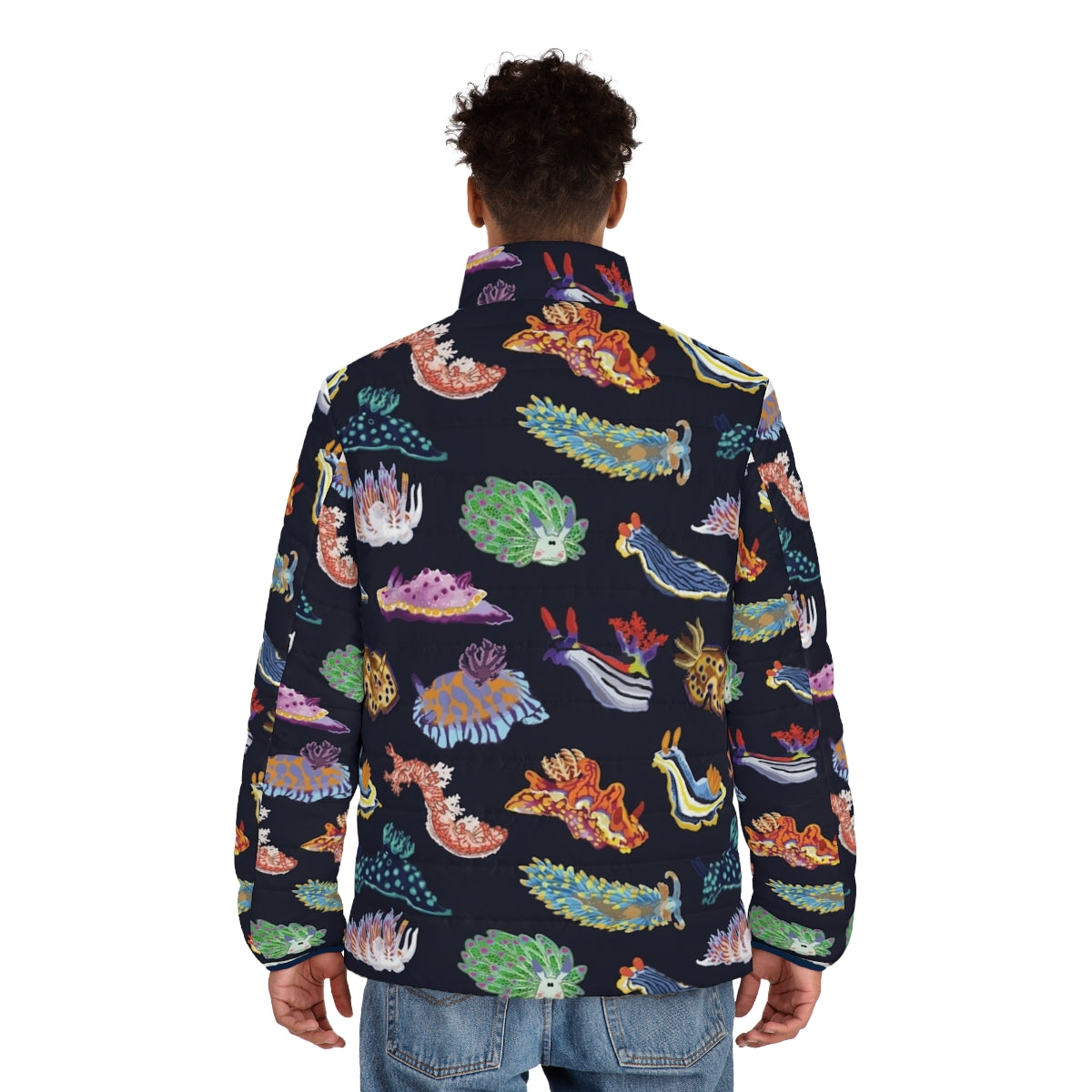 Nudie Cuties Puffer Jacket featuring colorful sea slug or nudibranch design - men back