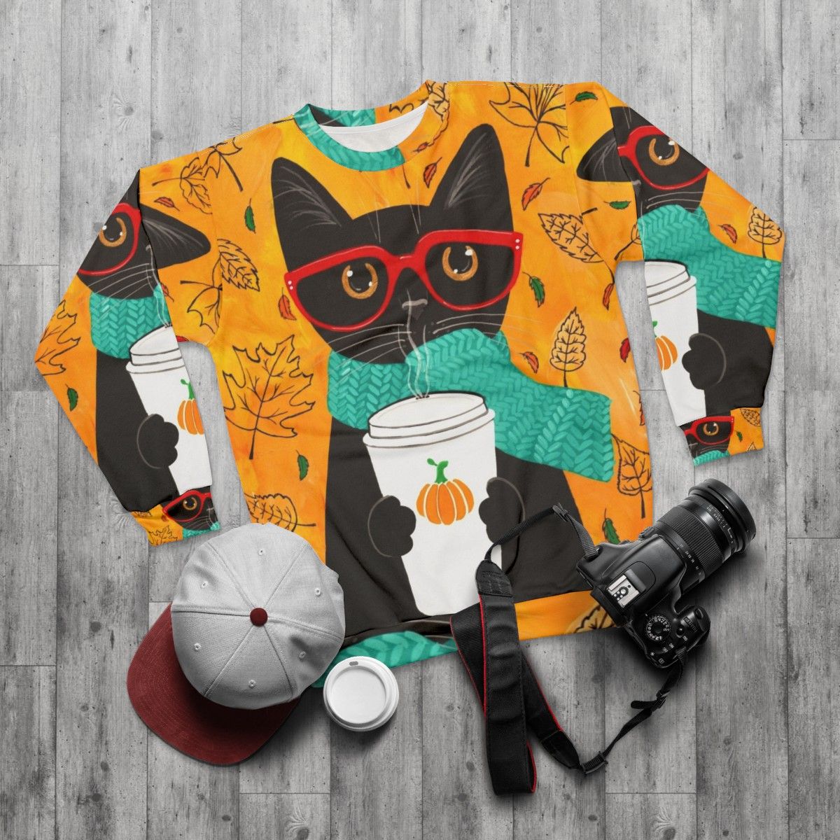 Autumn Pumpkin Coffee Cat Sweatshirt with Nerd Cat in Glasses - flat lay