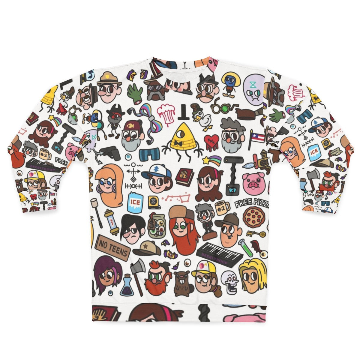 Gravity Falls Doodle Sweatshirt featuring characters Dipper, Mabel, and Bill Cipher