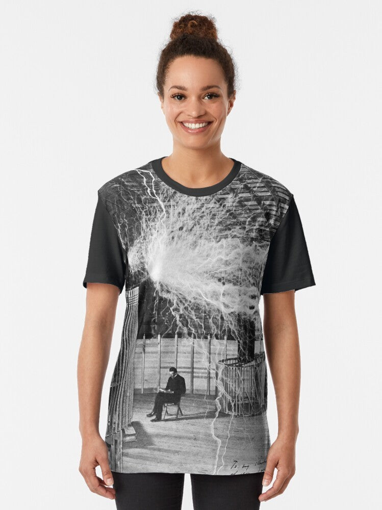 Nikola Tesla Lightning Graphic T-Shirt featuring an illustration of tesla coil and lightning bolt - Women