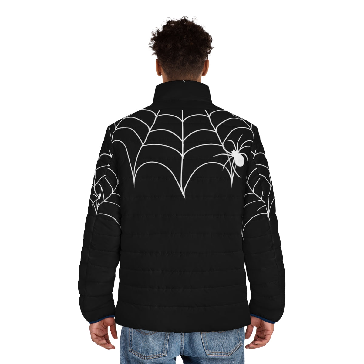 Black Widow Spider Web Collar Puffer Jacket - men back