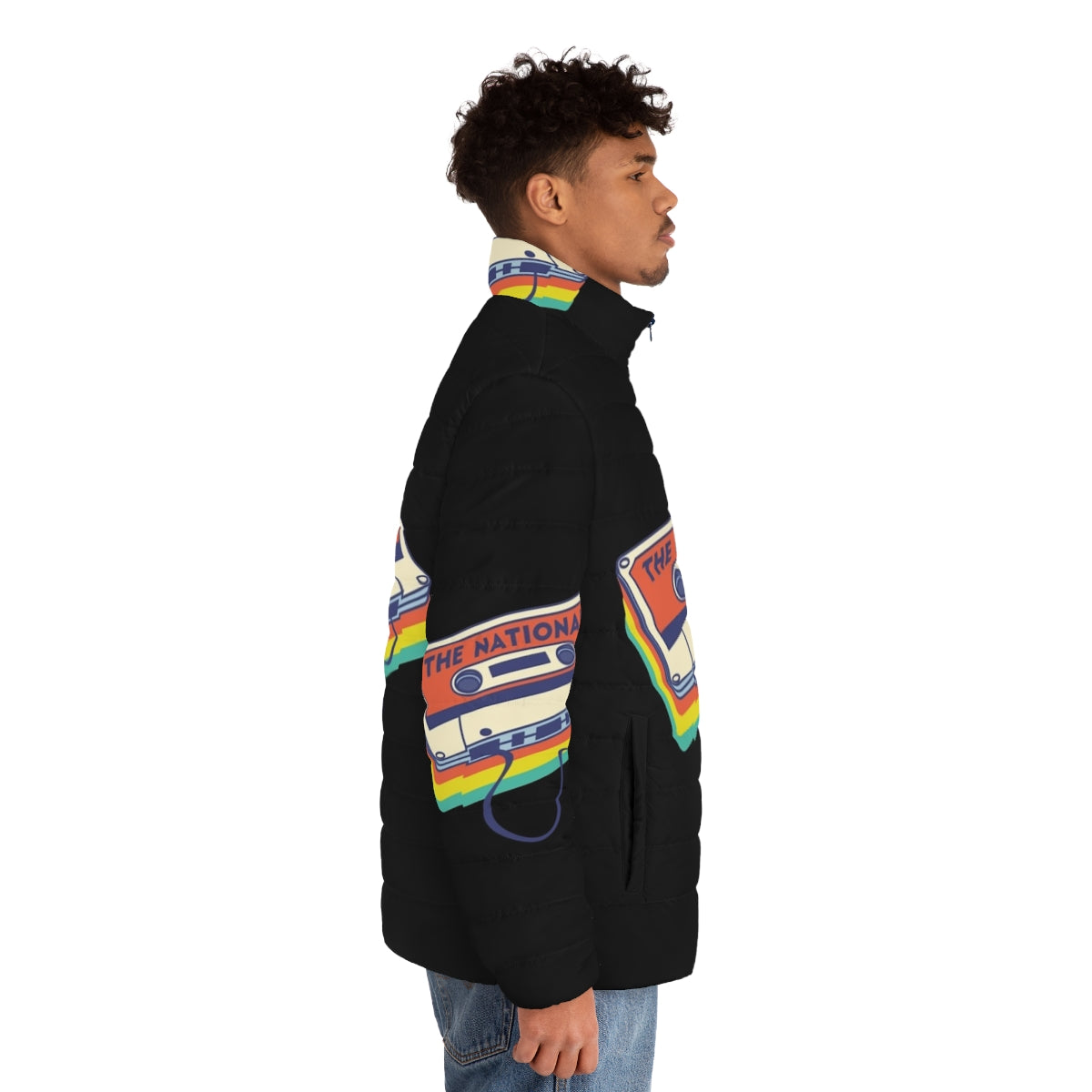 A cozy puffer jacket featuring The National band logo and cassette deck design - men side right