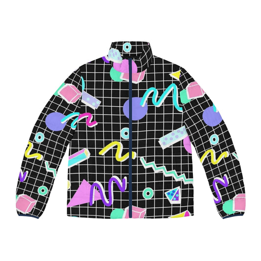 80s retro party grid design black background puffer jacket