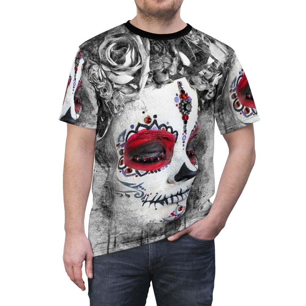 Boho Queen Sugar Skull AOP T-shirt featuring a watercolor floral wreath design - men front